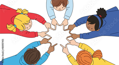 Diverse group of children forming a star shape with their hands in a circle, representing unity, teamwork, and collaboration for educational or social projects.