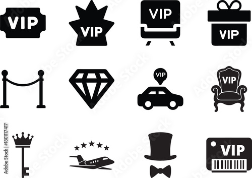 Luxury VIP silhouette icon set with premium badge, exclusive membership, and royal elements.