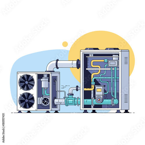 An illustration of a compact modern heating and cooling system with internal components visible.