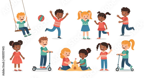 Diverse group of children playing together, showcasing childhood joy and friendship, perfect for educational materials, illustrations, and inclusive design projects.