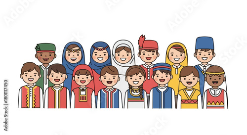 Diverse group of children in traditional clothing, representing global cultures and promoting intercultural understanding and harmonious unity for educational content.