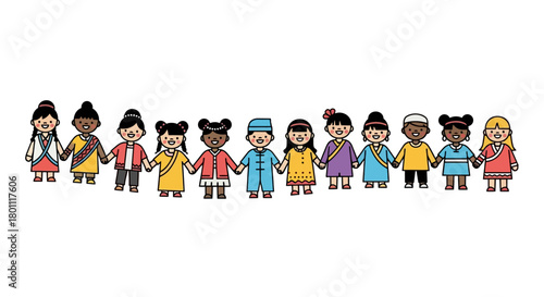 Diverse group of children holding hands, symbolizing unity and harmony in a multicultural world. Ideal for educational resources, children's books, or promoting global peace initiatives.