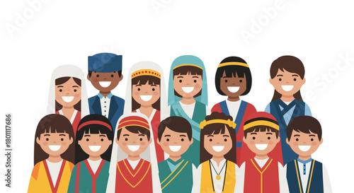 Diverse group of people in traditional clothing, showcasing cultural unity and global harmony for educational materials and multicultural events