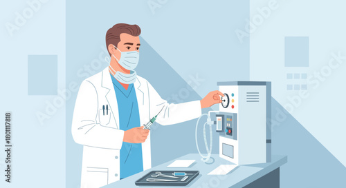 Medical Professional Adjusts Machine for Procedure With Syringe Ready to Administer