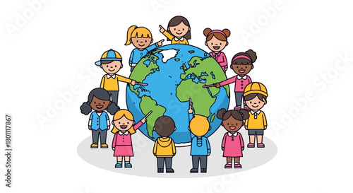Diverse Children Embracing the World Globe Illustration Symbolizing Unity, Education, and Global Citizenship for Educational Resources and International Projects.
