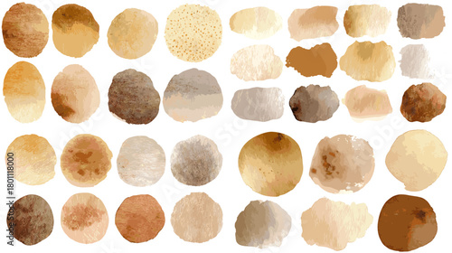 Watercolor neutral circle swatches in beige and brown tones with soft textures. Abstract round shapes isolated on white for backgrounds, templates, posters, and modern branding.