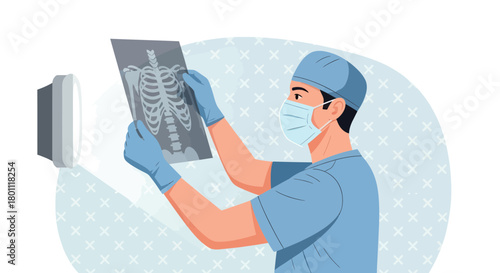 Medical Professional Analyzing Radiograph Showing Chest Anatomy in a Clinical Setting