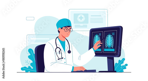 Medical Professional Analyzing X-Ray Images On The Computer Modern Illustration