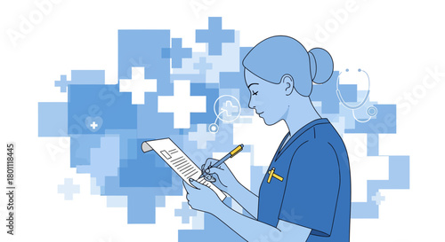 Medical Professional Carefully Documents Healthcare Information, Highlighting Health And Wellness