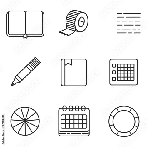 Set of nine icons for planning and organization on a white background Keywords: open book