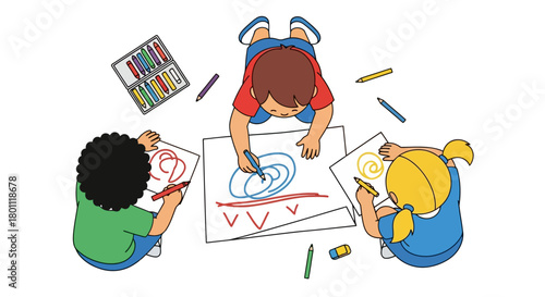 Diverse Children Drawing Together in a Collaborative Creative Session, Ideal for Illustrating Early Childhood Education and Artistic Development