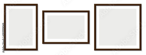 Brown wooden picture frames on transparent background clean minimalist design layout gallery wall mockup horizontal and vertical frame template classic wood tone art display interior decoration