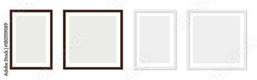 Set of four vertical and square picture frames with white and brown borders isolated on transparent background template for artwork display gallery exhibition interior design wall decoration concept