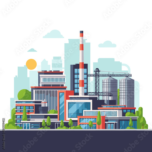 Modern industrial complex with buildings chimneys and surrounding greenery cityscape.