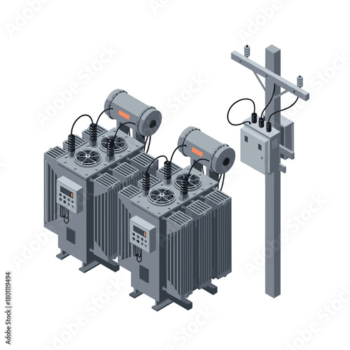 Two grey electrical transformers connected to a utility pole with a grey junction box and wires.