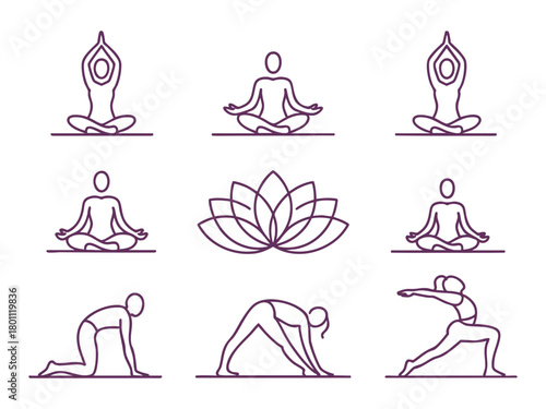 Yoga and meditation line icons