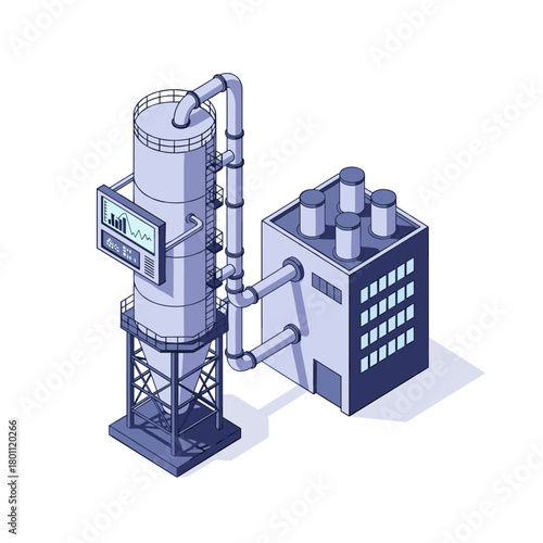 Illustration of an industrial chemical processing plant with large distillation towers and a connected factory building.