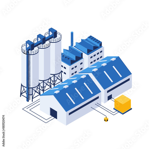 Modern industrial complex with silos storage and factory buildings for production processes.