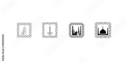 Islamic geometric borders frame minarets mosques and a tree with roots