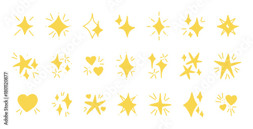 Yellow filled hand drawn sparkle star heart vector icons isolated on transparent background, cute glowing elements collection, cartoon doodle style decorations for design, highlights, effects