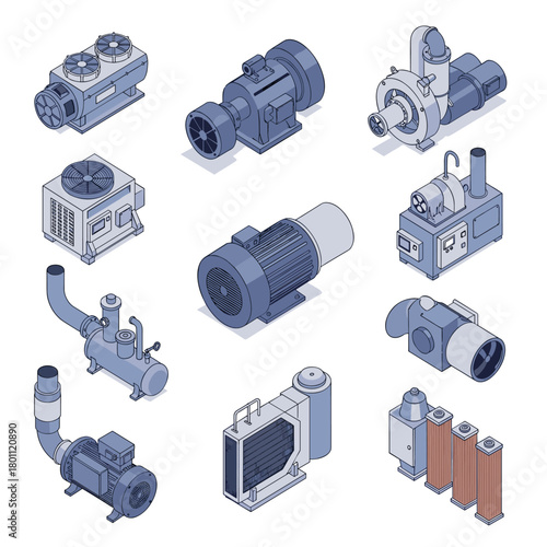 A diverse collection of industrial equipment including pumps and motors for various applications.