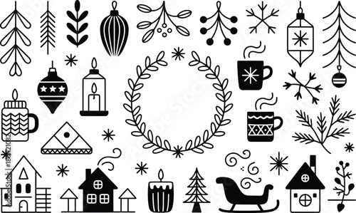 Festive Winter Holiday Icons: Snowflakes, Ornaments, Hot Cocoa, and Cozy Homes