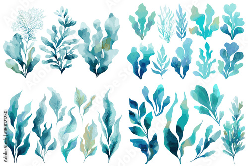 Watercolor marine plants and seagrass in aqua and teal, isolated on white for coastal patterns, invitations, posters, and modern ocean branding.