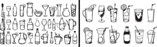 drinks doodle vector, wine glass illustration, beverage bottle drawing, minimal black white design, creative bar artwork, cocktail sketch art, refreshment concept design, classy drink illustration, gl