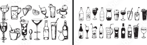 drinks doodle vector, wine glass illustration, beverage bottle drawing, minimal black white design, creative bar artwork, cocktail sketch art, refreshment concept design, classy drink illustration, gl