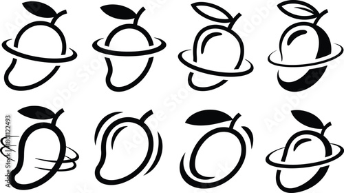 Collection of stylized mango fruit icons with swirling and orbiting elements