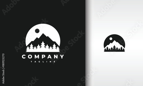 Minimalist Mountain and Forest Circle Logo with Sun