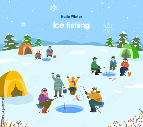겨울축제 얼음낚시 풍경 일러스트
