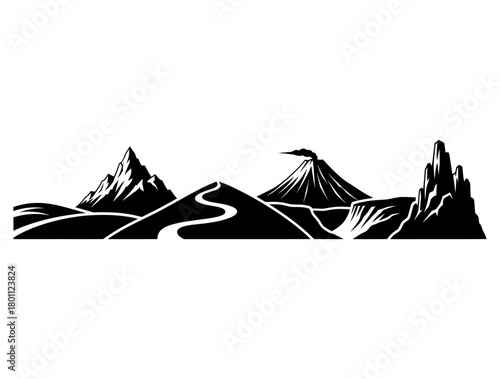 Monochrome vector illustration of a mountain range with a volcano and winding road for adventure travel