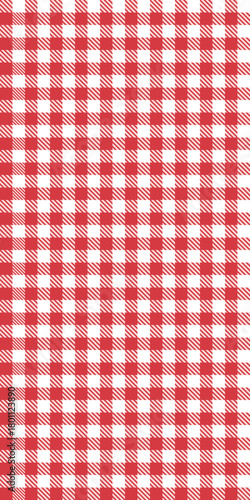 Seamless vector pattern with red and white gingham check design, picnic tablecloth textile, classic summer background, retro geometric square fabric layout for seasonal fashion and decorative uses