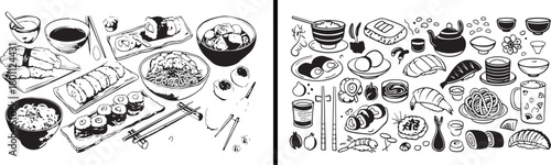  asian food doodle, noodle bowl illustration, oriental cuisine vector, minimal meal art, foodie creativity design, restaurant concept sketch, japanese korean food, black white art design, street food 