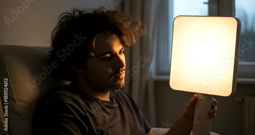 Man using light therapy device for seasonal affective disorder treatment.