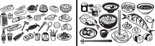 sushi doodle art, japanese food illustration, seafood vector sketch, minimal cuisine design, line art food set, asian restaurant elements, black and white drawing, cultural food vector, gourmet sketch