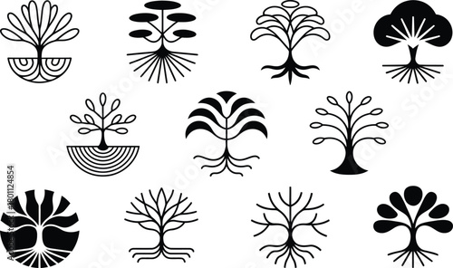 Collection of stylized black and white tree icons with intricate root systems and varied foliage designs