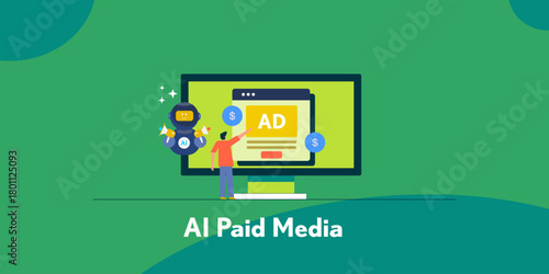 AI bot automate and optimize targeted ads and drives promotional visibility, customer respond to display ad creatives, coin representing revenue gain.