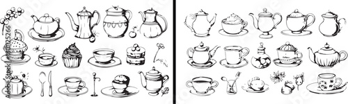 tea set illustration, vintage teapot sketch, black and white kitchen vector, minimal crockery drawing, household utensils artwork, coffee tea design, elegant hospitality concept, antique dishes illus