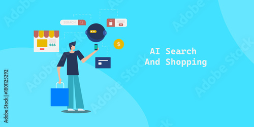 Mobile customer asking AI assistant to locate brand website, finding current deals. Secure shopping experience journey.