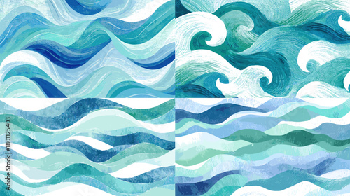 Watercolor ocean waves in layered blue and teal curves with foam accents, perfect for abstract backgrounds, textiles, invitations, and nautical design.
