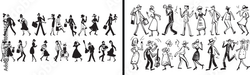  retro people illustration, vintage fashion art, black and white sketch, classic lifestyle design, walking couple vector, old time movie style, traditional outfit drawing, historical people artwork, a