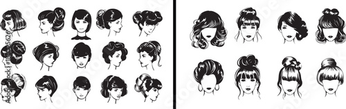 vintage hairstyles vector, retro beauty sketch, line art hair design, classic fashion portrait, hairstyle concept drawing, feminine beauty illustration, elegant woman artwork, salon inspiration vector