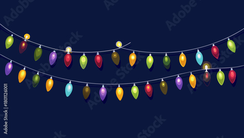 Colorful christmas lights string on dark blue background