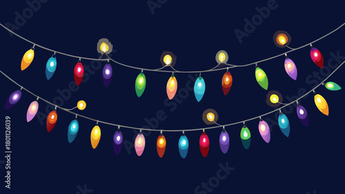 Colorful christmas lights string on dark blue background