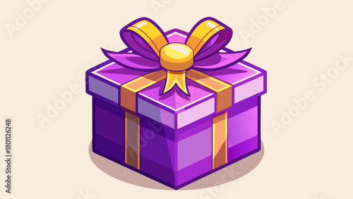 A purple gift box with a yellow ribbon and bow