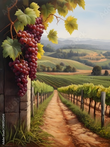 Vineyard Landscape Watercolor Illustration Art