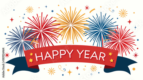 Festive happy year banner with colorful fireworks and stars