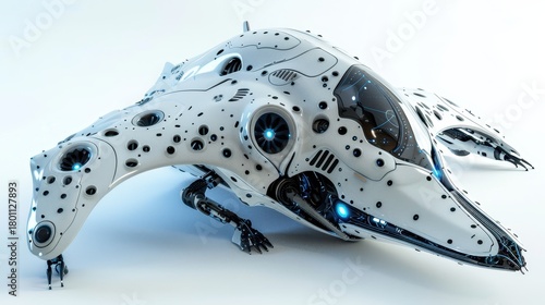 Futuristic robotic creature, white isolate background